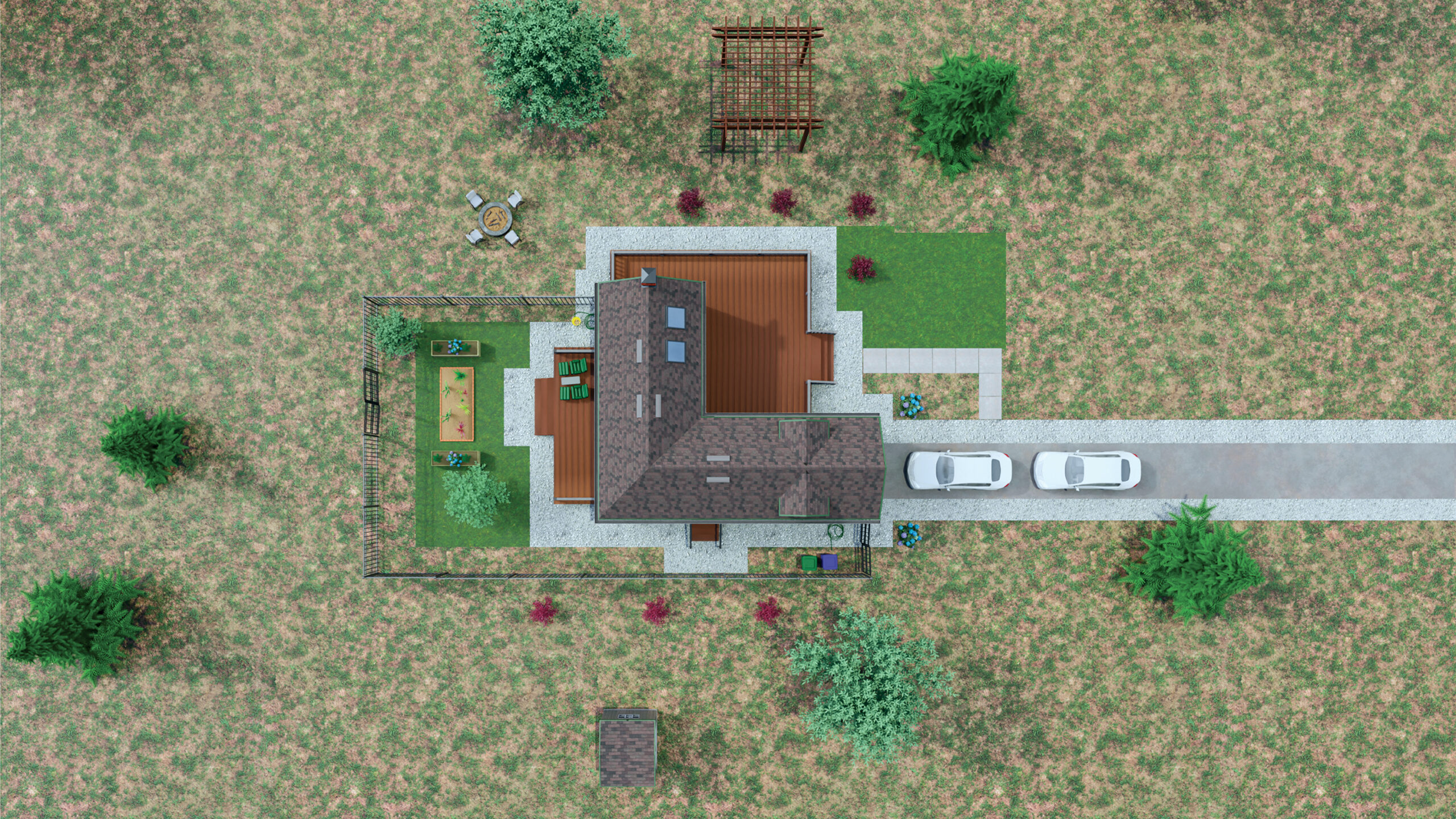 Downward plan of a single story ranch style house.