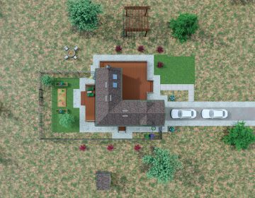 Downward plan of a single story ranch style house.
