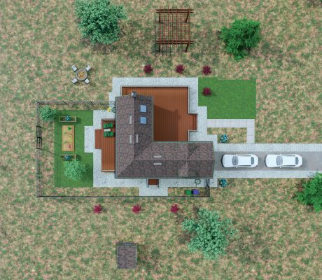 Downward plan of a single story ranch style house.