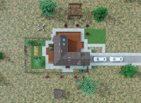 Downward plan of a single story ranch style house.