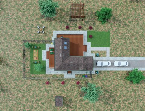 Downward plan of a single story ranch style house.