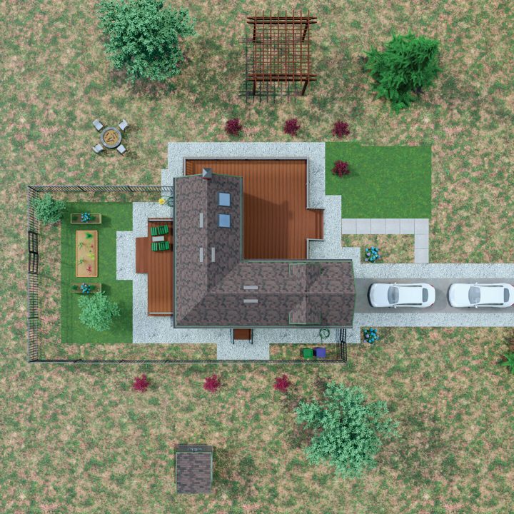 Downward plan of a single story ranch style house.